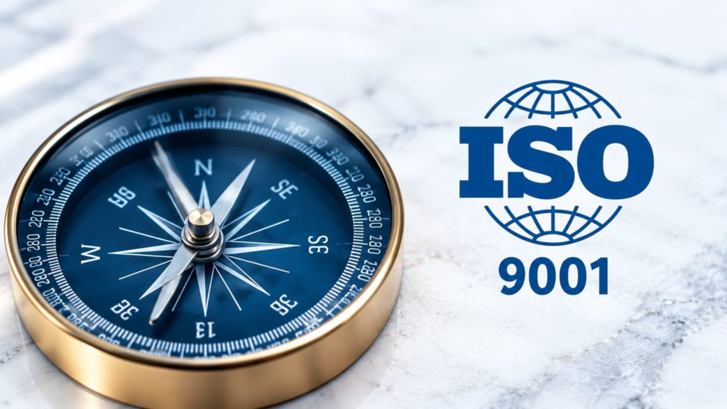 ISO 9001 Kalite Yönetim Sistemi – kalite yönetimi ve sürekli iyileştirmeyi simgeleyen pusula