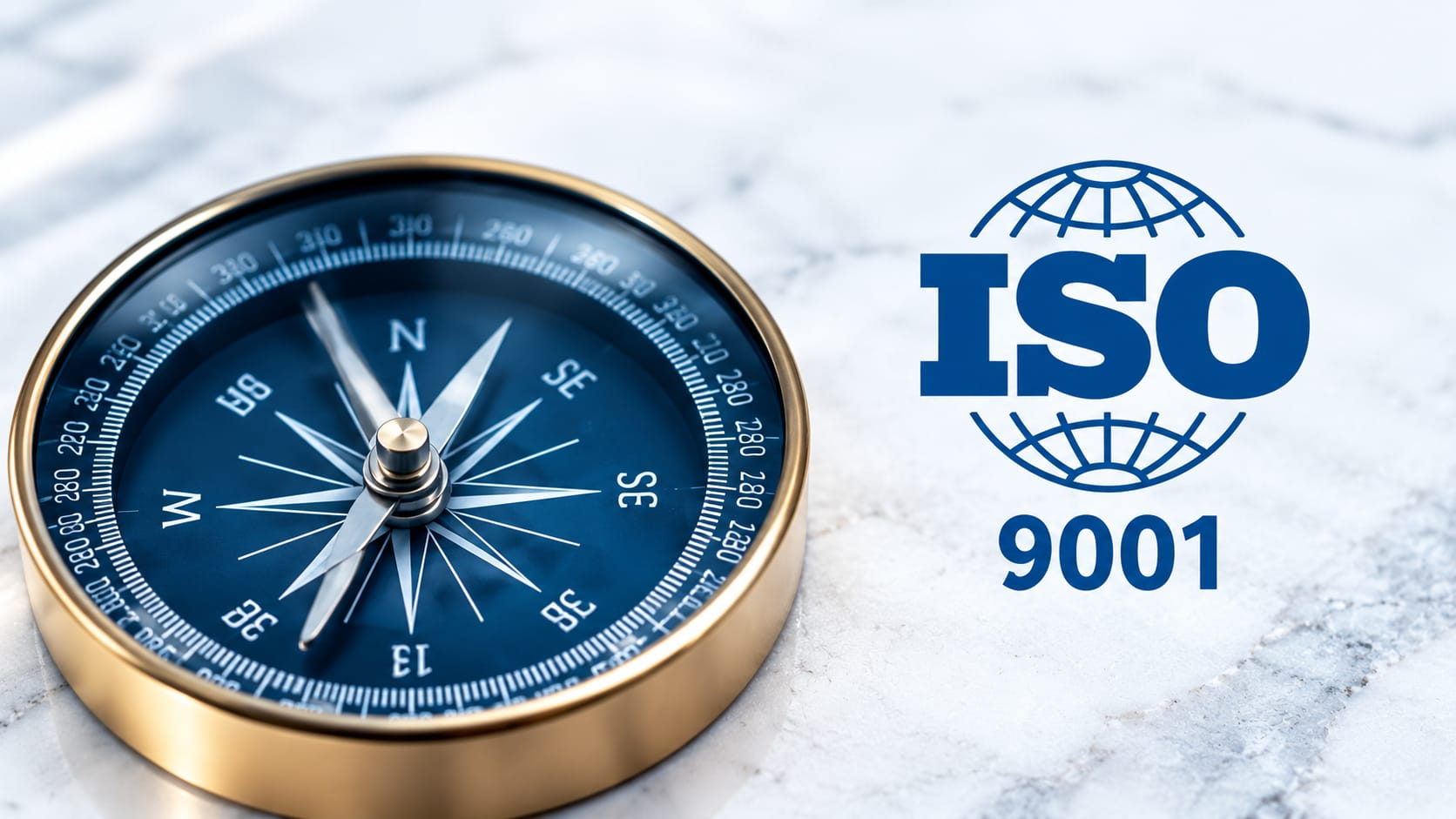 ISO 9001 Kalite Yönetim Sistemi – kalite yönetimi ve sürekli iyileştirmeyi simgeleyen pusula